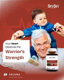 Happy grandfather carrying his baby grandson on his shoulders, captioned "Your Heart Deserves the Warrior's Strength," promoting Arjuna Heart Tonic NPN Canada