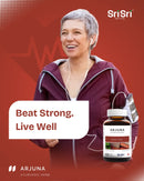 Woman running outdoors and smiling, promoting Arjuna Heart Tonic (NPN Canada) with the tagline: "Beat Strong. Live Well." Traditionally used as an Ayurvedic heart tonic