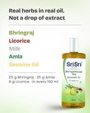 Real herbs in real oil, not a drop of extract: Bhringraj, licorice, milk, amla and sesame oil, 25 g Bhringraj and 25 g Amla per 100 ml