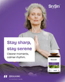Senior woman meditating peacefully — stay sharp by day and serene by night with Brahmi tablets routine