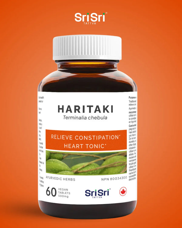 Haritaki tablets bottle — Terminalia chebula Ayurvedic fruit, clean vegan non-GMO label (Canada)