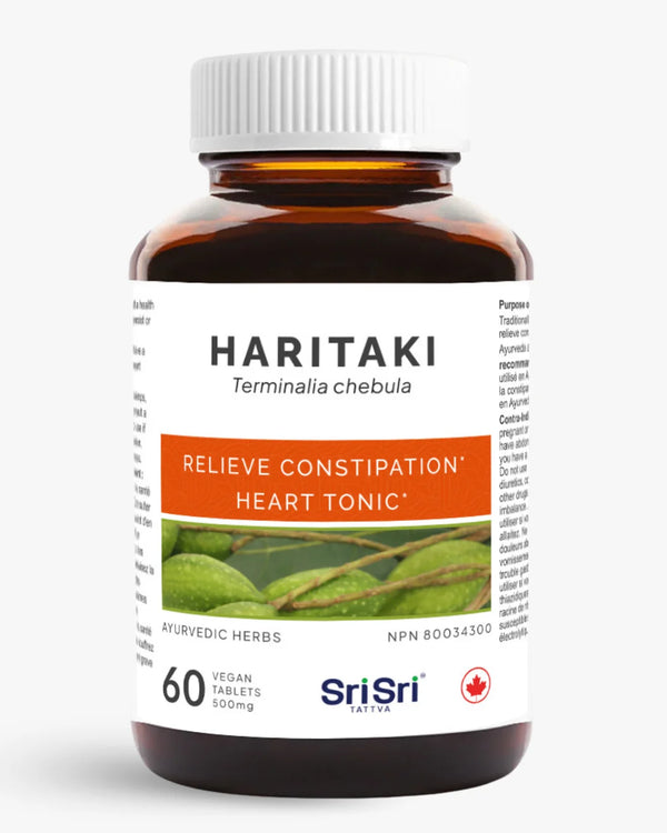 Haritaki tablets bottle — Terminalia chebula Ayurvedic fruit, clean vegan non-GMO label (Canada)