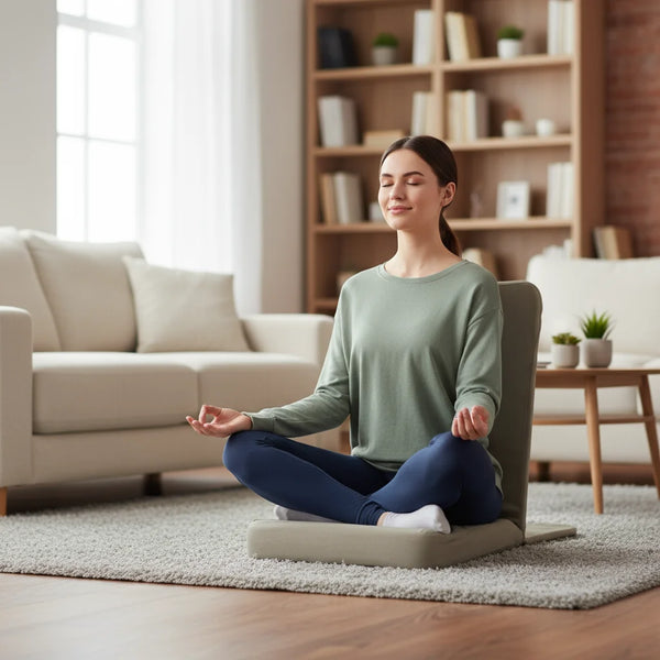 Woman meditating in a living room on a sri sri tattva meditation chir