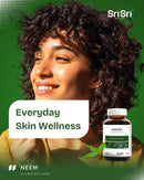 Happy woman promoting Neem tablets for "Everyday Skin Wellness," traditionally used in Ayurveda to help relieve skin conditions