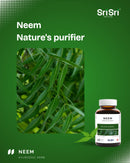 Close-up of the fresh Neem leaf, labeled "Neem Nature's purifier," next to the NPN-approved Ayurvedic herb bottle