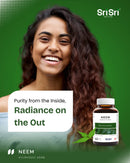 Smiling woman with radiant skin, featuring the text "Purity from the Inside, Radiance on the Out," promoting the NPN-approved Neem Ayurvedic herb