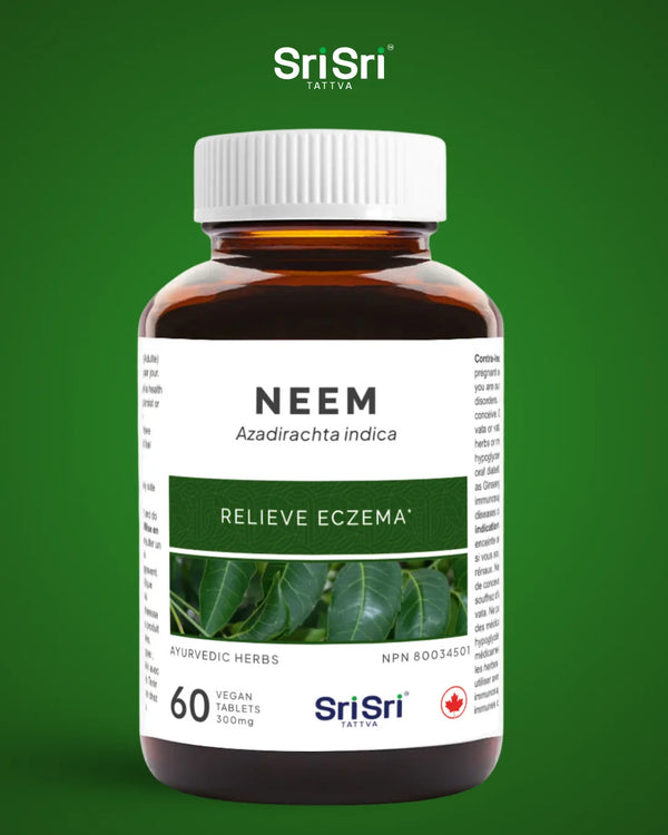 High-resolution close-up of the Neem tablets bottle, highlighting the NPN 80034501, 60 vegan tablets, and the traditional use