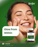 Woman gently touching her face, promoting "Glow from Within" with Neem tablets, traditionally used to help relieve skin conditions