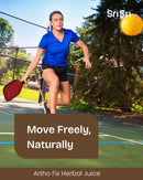 Person playing pickleball on a court with 'Sri Sri Tattva' branding and promotional text.