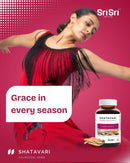Woman in traditional Indian dance attire (Bharatanatyam or similar) with the text "Grace in every season," promoting Shatavari Ayurvedic Herb