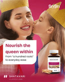 Mother smiling while being kissed by her young daughter, both wearing gold crowns, promoting Shatavari with the text "Nourish the queen within