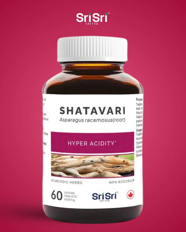 High-resolution close-up of the official Shatavari bottle, highlighting the name, NPN 80028628, and the claim "Hyper Acidity