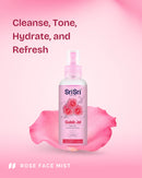 Sri Sri Gulab Jal Rose Face Mist bottle on a pink background with text 'Cleanse, Tone, Hydrate, and Refresh'.