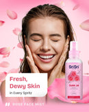 Happy model showing fresh, dewy, radiant skin after using the Rose Face Mist spray.