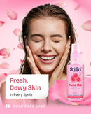 Happy model showing fresh, dewy, radiant skin after using the Rose Face Mist spray.