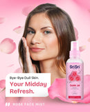 Model enjoying the Rose Mist for a Midday Refresh, revitalizing dull skin for an instant glow.
