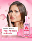Model enjoying the Rose Mist for a Midday Refresh, revitalizing dull skin for an instant glow.