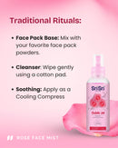 Sri Sri Gulab Jal Rose Face Mist bottle with usage instructions on a pink background