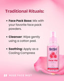 Sri Sri Gulab Jal Rose Face Mist bottle on a pink background with text 'Cleanse, Tone, Hydrate, and Refresh
