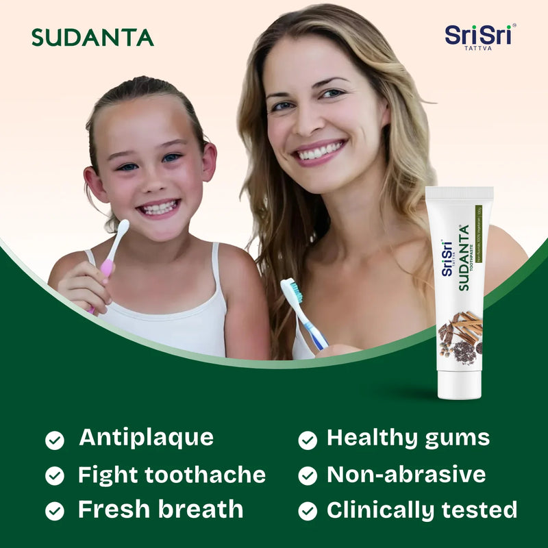 Woman and child with toothbrushes and Sri Sri Sudanta toothpaste tube with benifits