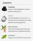 Sudanta Charcoal Gel key ingredients including charcoal, xylitol, neem, miswak and spearmint