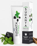 Sudanta Charcoal Gel toothpaste with box, charcoal, neem leaves, spearmint and miswak