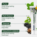 Sudanta SriSri Charcoal Toothpaste with ingredients and benefits on a white background