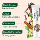 Sri Sri Sudanta toothpaste with ingredients and benefits on a beige background