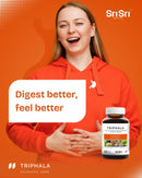 Woman smiling after meal — Triphala tablets for comfortable digestion and natural regularity in Canada