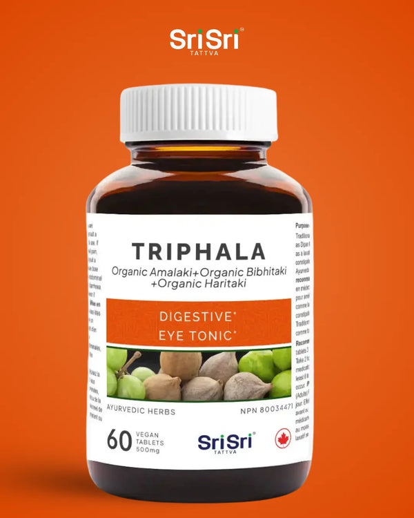 Triphala tablets bottle — Ayurvedic blend (Amla, Haritaki, Bibhitaki) with NPN in Canada; natural digestive herb