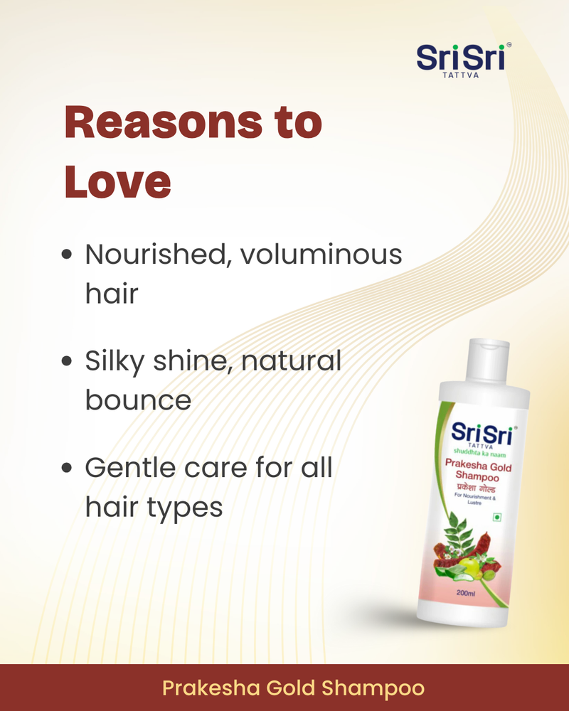 Sri Sri Prakesha Gold Shampoo bottle with product features on a beige background