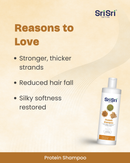 Sri Sri Protein Shampoo bottle with benefits listed on a beige background